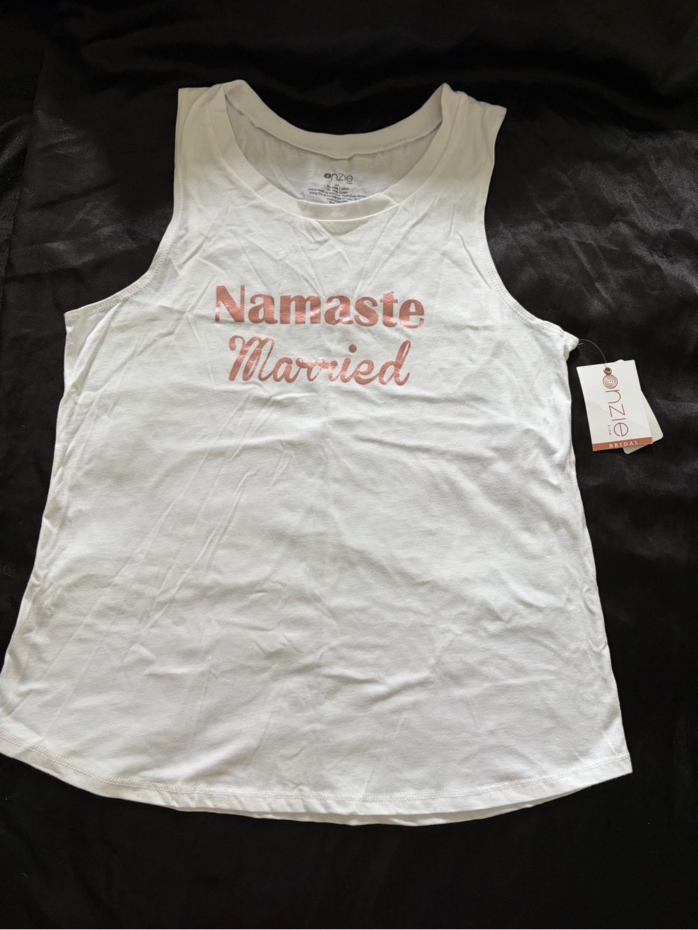 Onzie White Muscle Tank with Rose Gold 'Namaste Married' Script